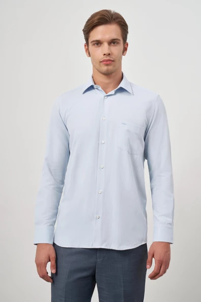 Mavi Uzun Kol Kendinden Desenli Armürlü Sert Yaka Classic Comfort Fit Gömlek 1004245157 ürün görseli 1