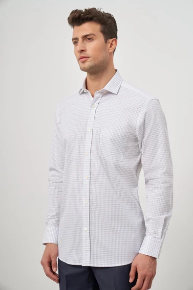 Beyaz Uzun Kol Kareli Desen Yarım İtalyan Yaka Cepli Classic Comfort Fit Gömlek 1004245194 ürün görseli 1