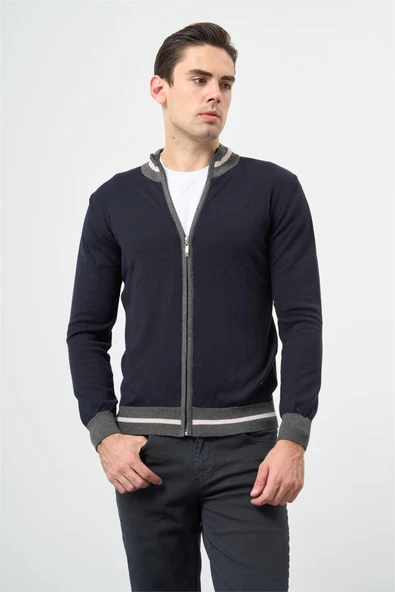 Lacivert Uzun Kol Düz Örme Dik Yaka Classic Slim Fit Triko Hırka 1012245203 ürün görseli 1