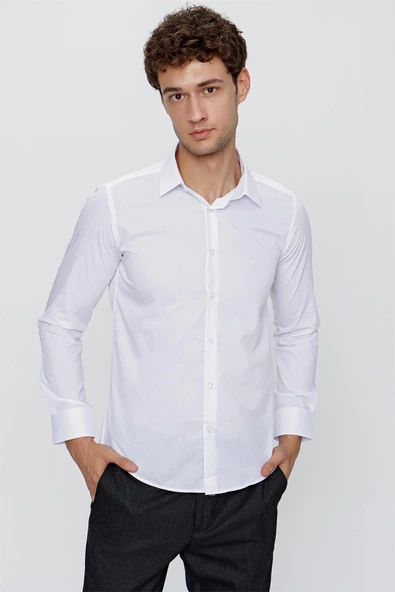 Beyaz Uzun Kol Düz Bez Ayağı Sert Yaka Basic Slim Fit Gömlek 1004245057 ürün görseli 1