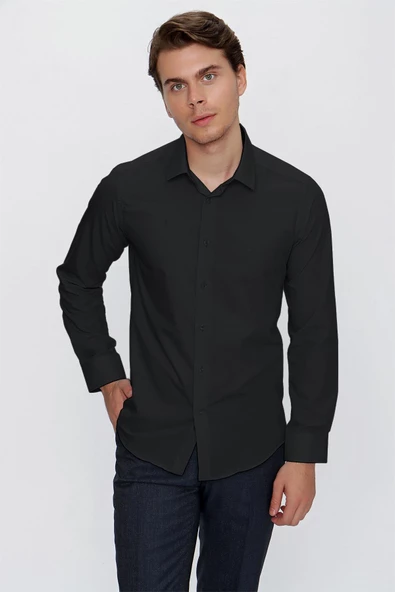 Siyah Uzun Kol Düz Bez Ayağı 041 Sert Yaka Basic Slim Fit Gömlek 1004245057 ürün görseli 1