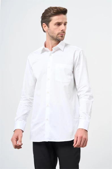 Beyaz Uzun Kollu Sert Yaka Cepli %100 Pamuk Klasik Comfort Fit Rahat Kesim Gömlek 1004240323 ürün görseli 1