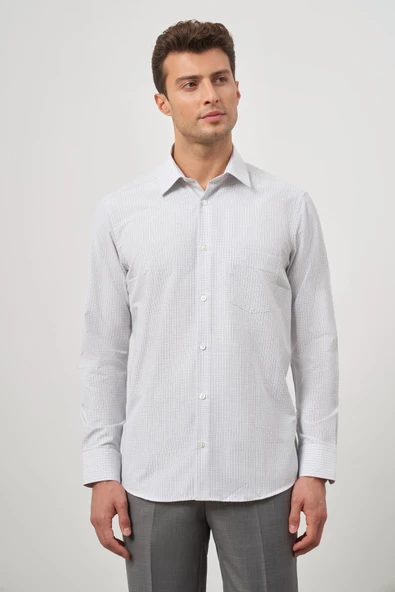 Beyaz Uzun Kol Kareli Desen Bez Ayağı Sert Yaka Cepli Pamuklu Classic Comfort Fit Gömlek 1004245159 ürün görseli 1