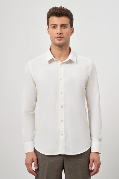 Krem Rengi Uzun Kol Kendinden Desenli Armürlü Sert Yaka Classic Comfort Fit Gömlek 1004245154 ürün görseli 1