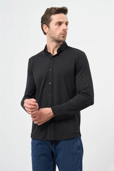 Siyah Uzun Kol Düz Örme Smart Düğmeli Yaka Classic Slim Fit Gömlek 1004245160 ürün görseli 1