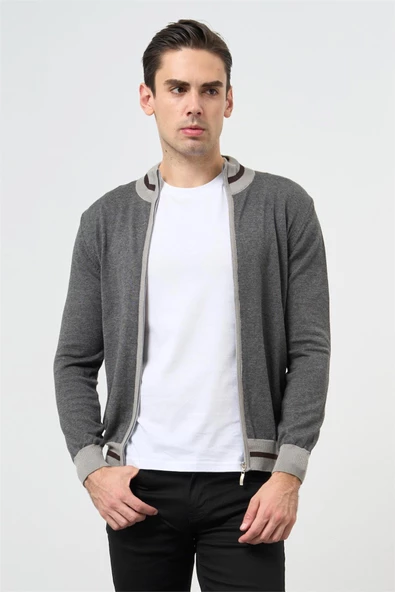 Gri Uzun Kol Düz Örme Dik Yaka Classic Slim Fit Triko Hırka 1012245203 ürün görseli 1