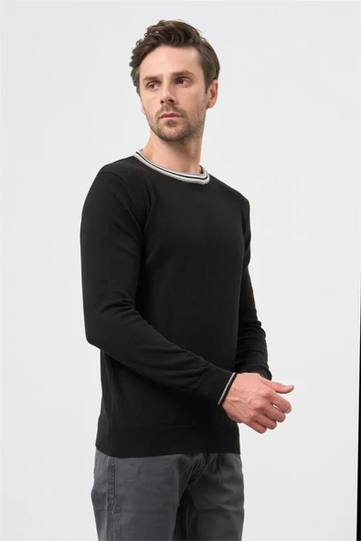 Siyah Uzun Kol Düz Örme Bisiklet Yaka Classic Slim Fit Triko 1012245108 ürün görseli 1