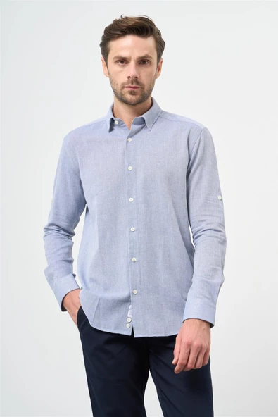 Mavi Kısalabilir Kollu Armürlü Biritli Yaka Pamuklu Casual Slim Fit Gömlek 1004240202 ürün görseli 1