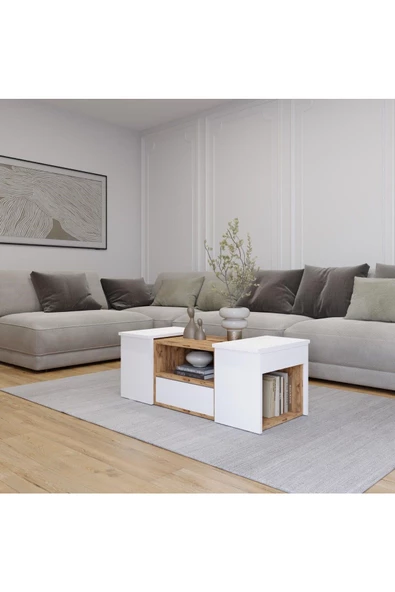 AYMOBSAN Lila Orta Sehpa 3'lü Takım Zigonlu Modern, 100 cm, Atlantik Çam - Beyaz ürün görseli 1