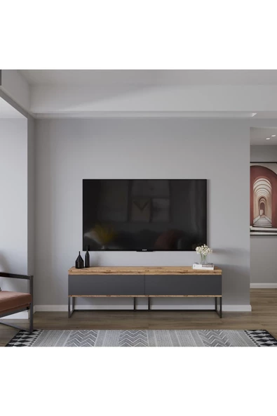 AYMOBSAN   Perla Tv Ünitesi , Tv Sehpası , Düşer Kapak Tv Ünitesi , Metal Ayaklı Tv Ünitesi Atlantik Çam - Antrasit ürün görseli 1