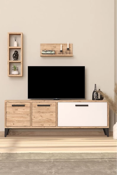AYMOBSAN   Porto Açık Raflı Tv Ünitesi Atlantik Çam Beyaz ürün görseli 1