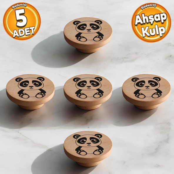 Ahşap Kulp Düğme Panda Desenli Çocuk Odası Çekmece Mutfak Mobilya Dolap Kulpu Kulbu Kulpları 5 ADET ürün görseli 1