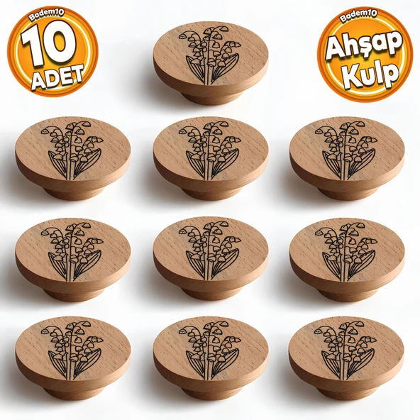 Ahşap Kulp Düğme Lale Desenli Çocuk Odası Çekmece Mutfak Mobilya Dolap Kulpu Kulbu Kulpları 10 ADET ürün görseli 1