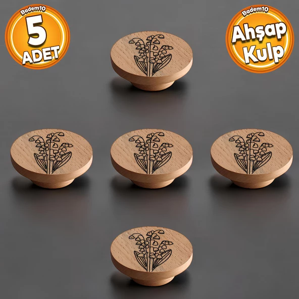Ahşap Kulp Düğme Lale Desenli Çocuk Odası Çekmece Mutfak Mobilya Dolap Kulpu Kulbu Kulpları 5 ADET ürün görseli 1