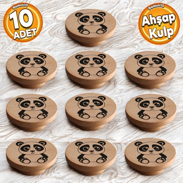 Ahşap Kulp Düğme Panda Desenli Çocuk Odası Çekmece Mutfak Mobilya Dolap Kulpu Kulbu Kulpları 10 ADET ürün görseli 1