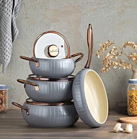 Oms Allure 12001 Pure Ceramıc 7 Parça Biogranit Seramik Set Antrasit Gövde Bakır Detay ürün görseli 1