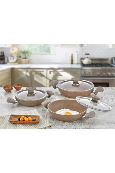 Oms 3004 6 Parça Bio Granit Sahan Seti 18-20-22 cm Kahverengi ürün görseli 1