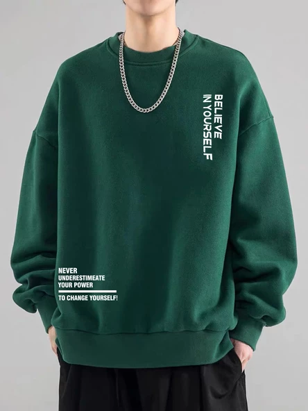 Erkek Believe Baskılı Oversize Bisiklet Yaka Sweatshirt ürün görseli 1