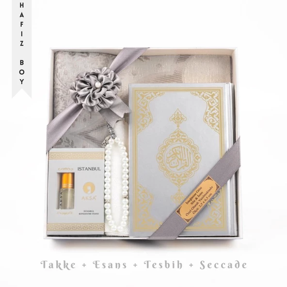 Takke + Esans + Tesbih + Seccade + Kuran Hediye Seti (Hafız Boy, Gri) ürün görseli 1