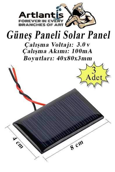 Güneş Paneli Solar Panel 8x4 cm 3 volt 100 mA 3 Adet Güneş Enerjisi Okul Sınıf Deney Çalışmaları 80x40 mm ürün görseli 1