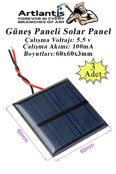 Güneş Paneli Solar Panel 6x6 cm 5.5 volt 100 mA 3 Adet Güneş Enerjisi Okul Sınıf Deney Çalışmaları 60x60 mm ürün görseli 1
