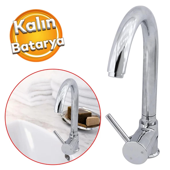Mix Eyve Sıcak Soğuk Su Girişli Büyük Kalın Çeşme Banyo Lavabo Mutfak Musluğu Krom Bataryası ürün görseli 1