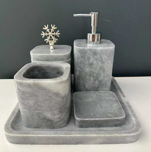 LARA HOME KARE 5 Lİ MERMER BANYO SETİ GRİ ürün görseli 1