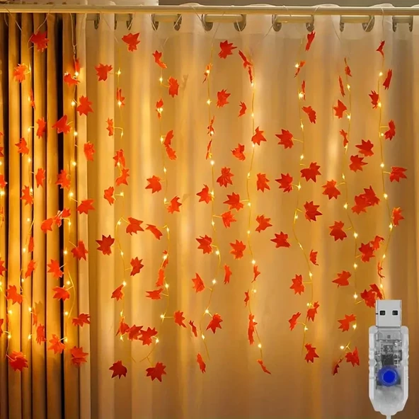 Sonbahar Konseptli 10 Adet Yapay Sarmaşık 3x3 USB'li 10 Saçaklı Perde Led Dekoratif Aydınlatma ürün görseli 1