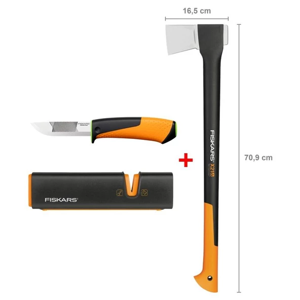 Fiskars Yarma Baltası L-X21 + Bileyicili Ağır İş Bıçağı + Balta ve Bıçak Bileyici ürün görseli 1