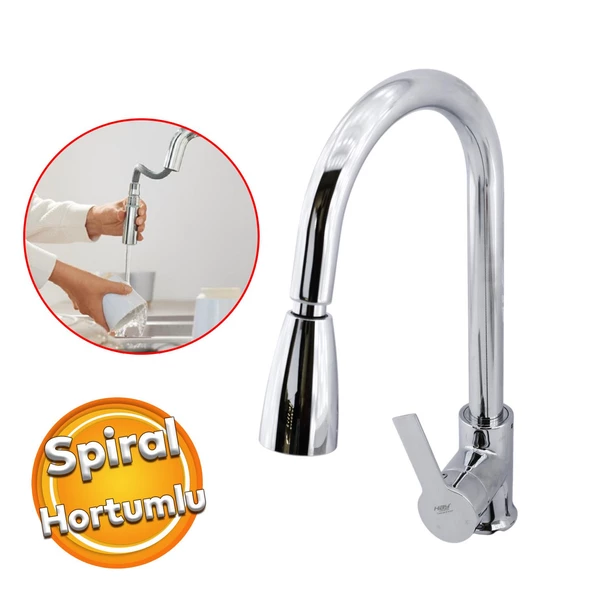 Mix Eyve Sıcak Soğuk Su Girişli Spiral Hortumlu Çeşme Banyo Lavabo Mutfak Musluğu Krom Bataryası ürün görseli 1