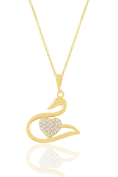 Gümüş altın yaldızlı zirkon taşlı kalpli kuğu kolye SGTL11027GOLD ürün görseli 1