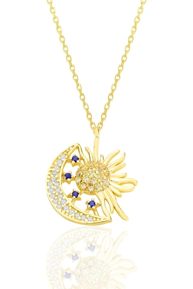 Gümüş altın yaldızlı zirkon taşlı gece gündüz kolye SGTL12591GOLD ürün görseli 1