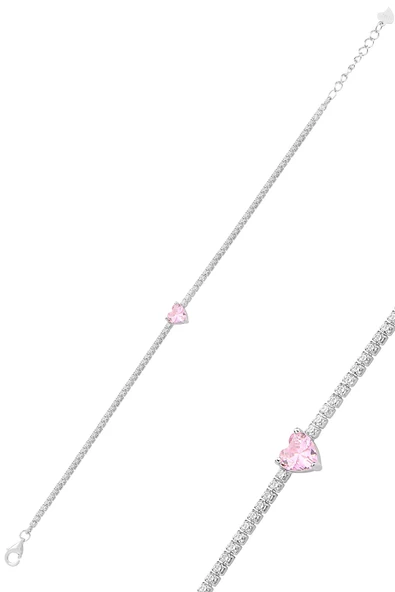 Gümüş beyaz altın rodyumlu pembe zirkon taşlı pırlanta montürlü kalpli su yolu bileklik SGTL12614PEMBE ürün görseli 1
