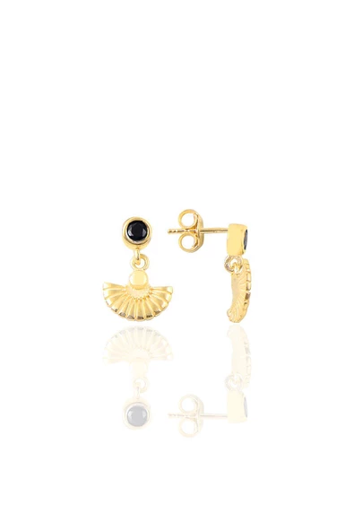 Gümüş altın yaldızlı onix taşlı meltem midye küpe SGTL12616GOLD ürün görseli 1