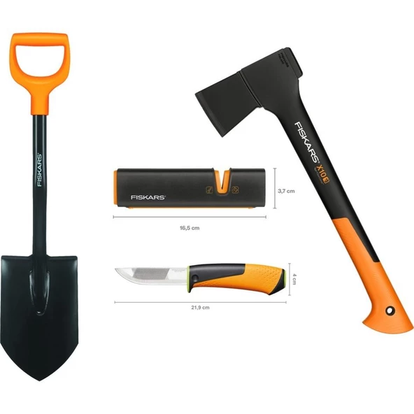 Fiskars Solid Kürek + S-X10 Balta + Ağır İş Bıçağı + Balta ve Bıçak Bileyici Seti ürün görseli 1