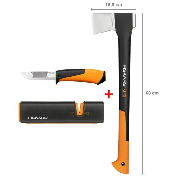 Fiskars Yarma Baltası M-X17 + Bileyicili Ağır İş Bıçağı + Balta ve Bıçak Bileyici ürün görseli 1