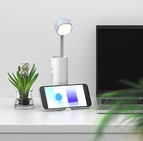 Şarjlı Beyaz Led Çalışma Okuma Işığı Kademeli El Fener Ayarlanabilir Parlaklık ve Masa Lambası + Telefon Tutucu Özellikli ürün görseli 1