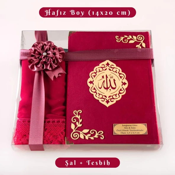 Şal + Tesbih + Kuran Hediye Seti (Hafız Boy, Kadife, Şems Lafzatullah, Fuşya Pembe) ürün görseli 1