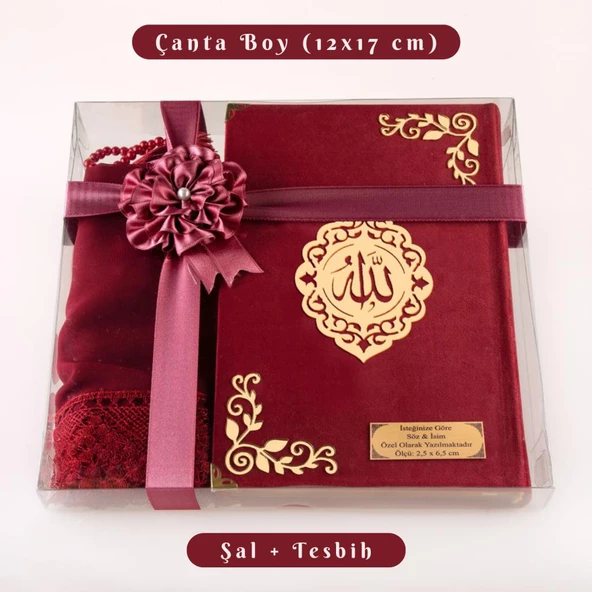 Şal + Tesbih + Kuran Hediye Seti (Çanta Boy, Kadife, Şems Lafzatullah, Bordo) ürün görseli 1