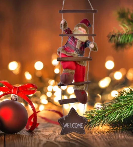 Yılbaşı Süsü Ahşap Merdivenli Noel Baba Figür Büyük Boy 40 cm - Merdiven ile 78 cm ürün görseli 1