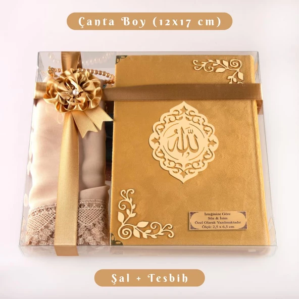 Şal + Tesbih + Kuran Hediye Seti (Çanta Boy, Kadife, Şems Lafzatullah, Gold) ürün görseli 1