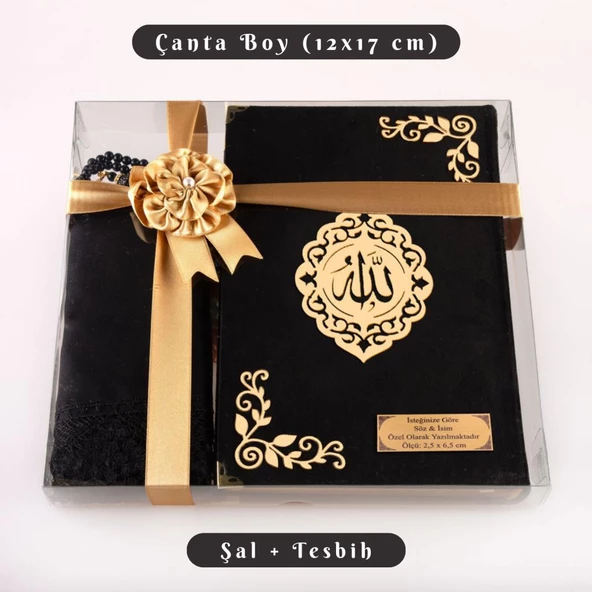 Şal + Tesbih + Kuran Hediye Seti (Çanta Boy, Kadife, Şems Lafzatullah, Siyah) ürün görseli 1