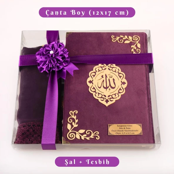 Şal + Tesbih + Kuran Hediye Seti (Çanta Boy, Kadife, Şems Lafzatullah, Mor) ürün görseli 1