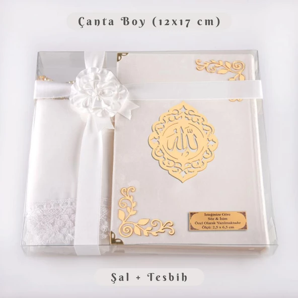 Şal + Tesbih + Kuran Hediye Seti (Çanta Boy, Kadife, Şems Lafzatullah, Beyaz) ürün görseli 1
