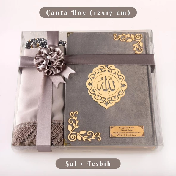 Şal + Tesbih + Kuran Hediye Seti (Çanta Boy, Kadife, Şems Lafzatullah, Gri) ürün görseli 1