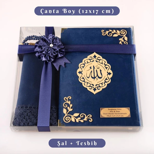 Şal + Tesbih + Kuran Hediye Seti (Çanta Boy, Kadife, Şems Lafzatullah, Lacivert) ürün görseli 1