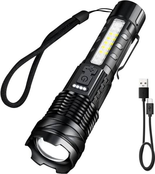 Çok Fonksiyonlu El Feneri 480000 Lümen Şarj Edilebilir Süper Parlak LED Taktik Flaş Işığı - Kırmızı Mavi Yan Işık Klipsi ile 7 Modlu USB-C Siyah ürün görseli 1