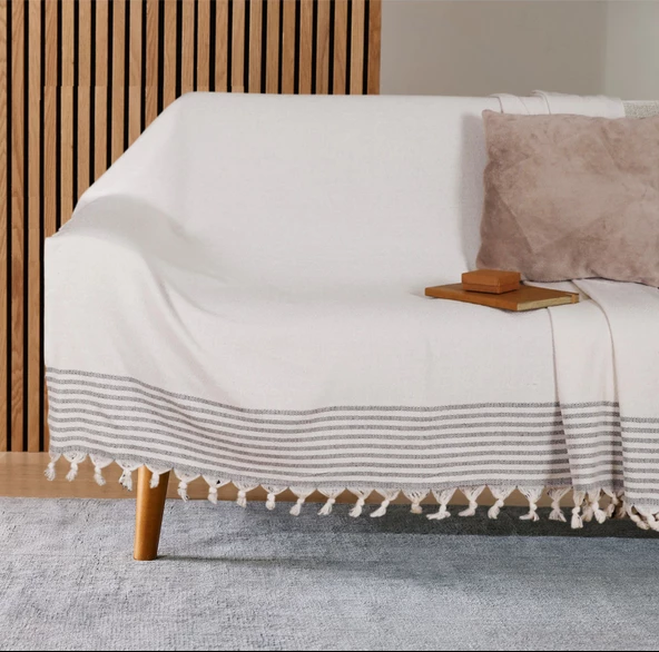 Buldan İşi Kaymaz Pamuklu Koltuk Örtüsü 170x210 Cm Koltuk Şalı Çekyat Kanepe Örtüsü - KREME GRİ ürün görseli 1