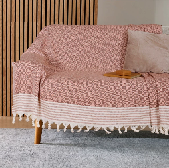 Buldan İşi Kaymaz Pamuklu Koltuk Örtüsü 170x210 Cm Koltuk Şalı Çekyat Kanepe Örtüsü - KİREMİT ürün görseli 1