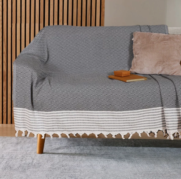 Buldan İşi Kaymaz Pamuklu Koltuk Örtüsü 170x210 Cm Koltuk Şalı Çekyat Kanepe Örtüsü - ANTRASİT ürün görseli 1